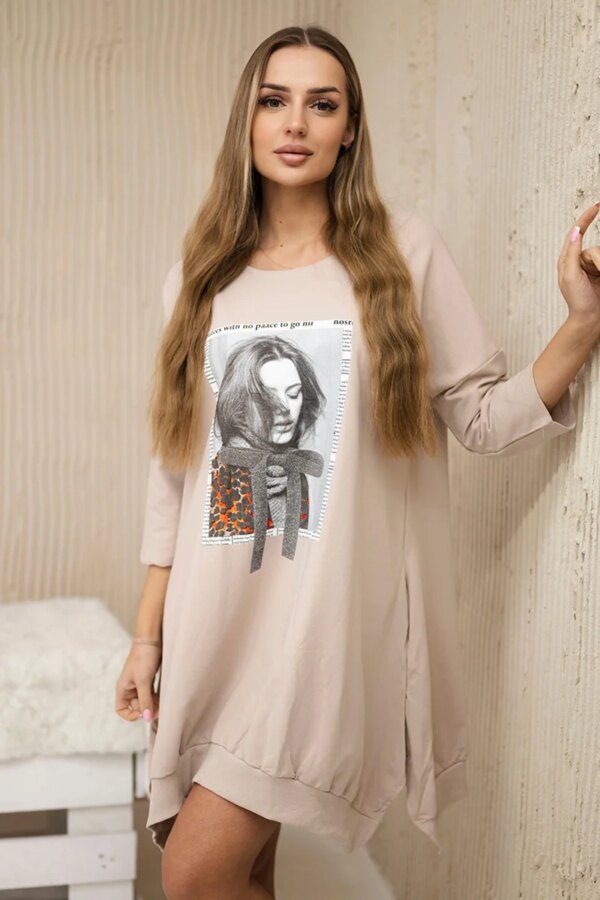 Dress with print and flared beige bottom