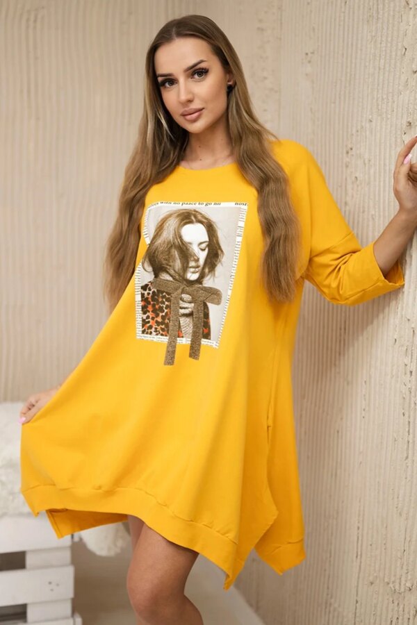 Dress with print and flared mustard bottom