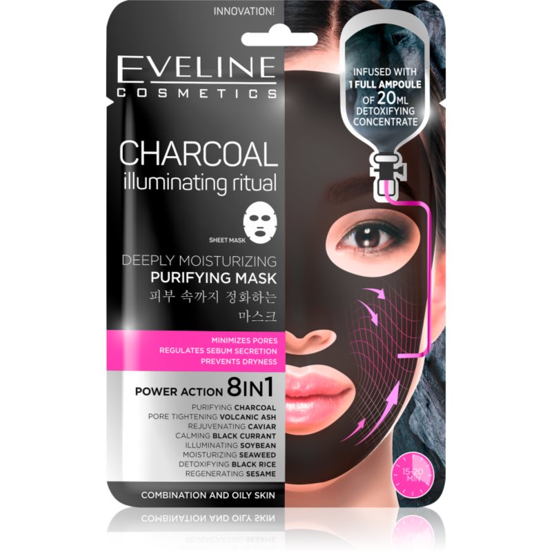 Eveline Cosmetics Charcoal Illuminating Ritual szuper hidratáló és tisztító szövet arcmaszk 1 db-Eredeti
