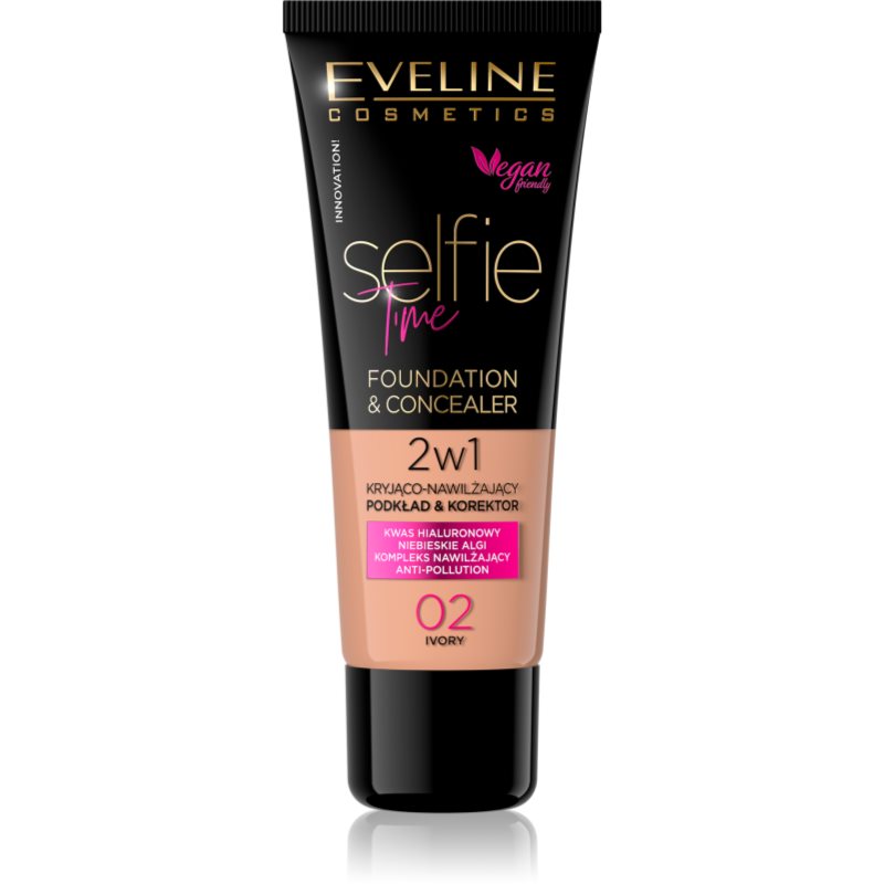 Eveline Cosmetics Selfie Time alapozó és korrektor 2 az 1-ben árnyalat 02 Ivory 30 ml-Ár
