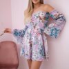 Floral shoulder dress in purple color