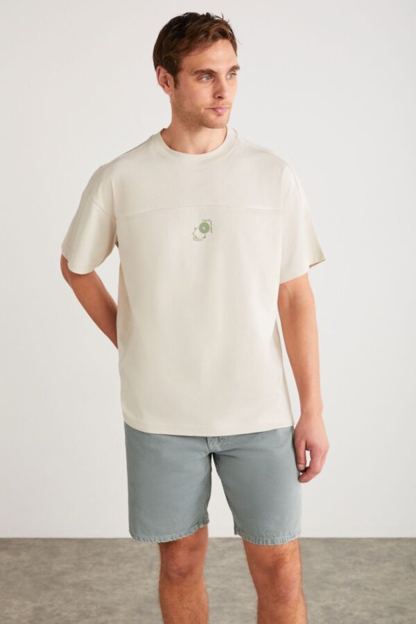 GRIMELANGE Denver Men's Printed Detail Oversize Crew Neck Short Sleeve 100% Organic Cotton Stone Color T-shir