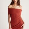 GRIMELANGE Julene Women's Stretch Ribbed Bardot Neck Bodycon Fit Midi Tile Color Dres