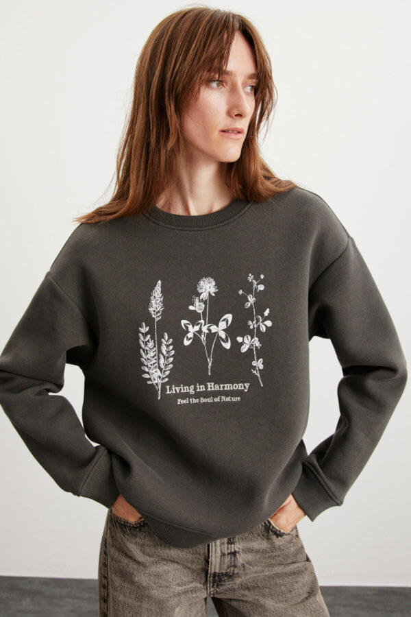 GRIMELANGE Marena Women's Crew Neck Fleece Embroidered Gray Sweatshir