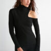 GRIMELANGE Sandy Women's Irregular Ribbed Stretch Fabric One-Shoulder Black Blouse