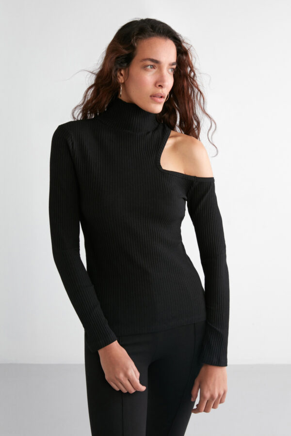 GRIMELANGE Sandy Women's Irregular Ribbed Stretch Fabric One-Shoulder Black Blouse