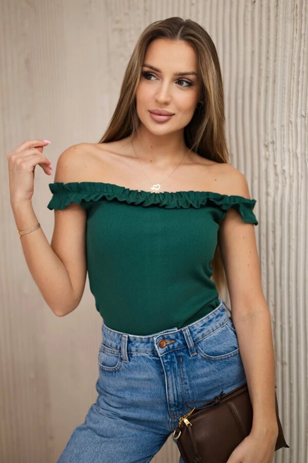 Green blouse with ruffles above the shoulders