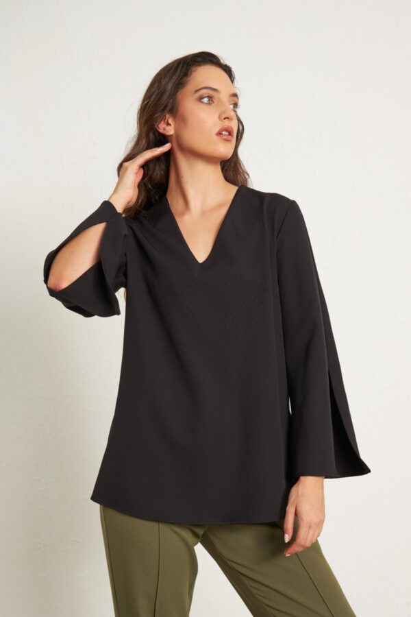 Gusto V-Neck Slit Blouse - Black