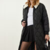 Happiness İstanbul Black Fur Collar Quilted Coat