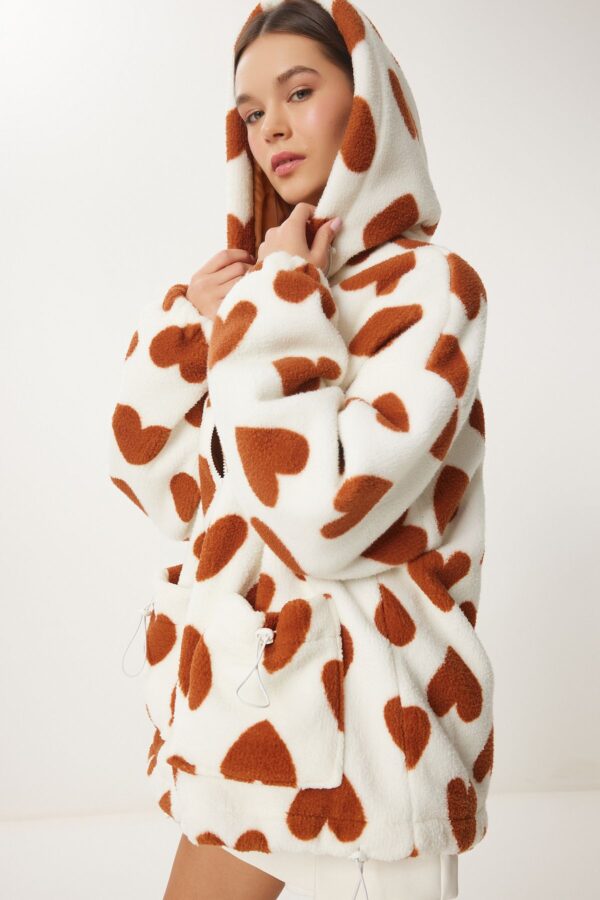 Happiness İstanbul Women's Biscuit Ecru Hooded Heart Plush Coat