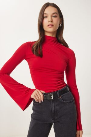 Happiness İstanbul Women's Red Spanish Sleeve Drawstring Sandy Knitted Blouse