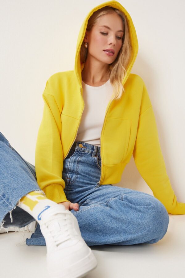 Happiness İstanbul Women's Yellow Hooded Zippered Sweatshirt