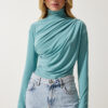 Happiness İstanbul Women's Aqua Green Gathered Detailed High Neck Sandy Blouse