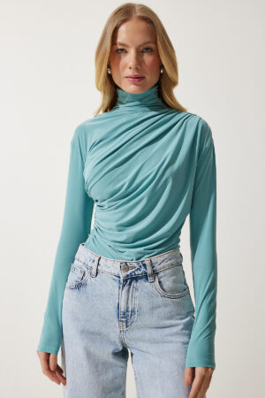 Happiness İstanbul Women's Aqua Green Gathered Detailed High Neck Sandy Blouse