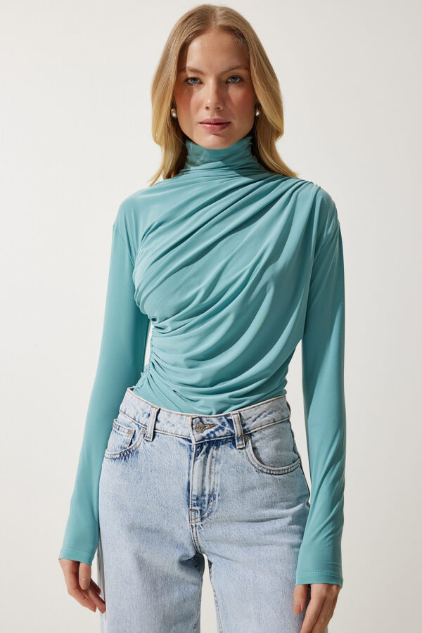 Happiness İstanbul Women's Aqua Green Gathered Detailed High Neck Sandy Blouse