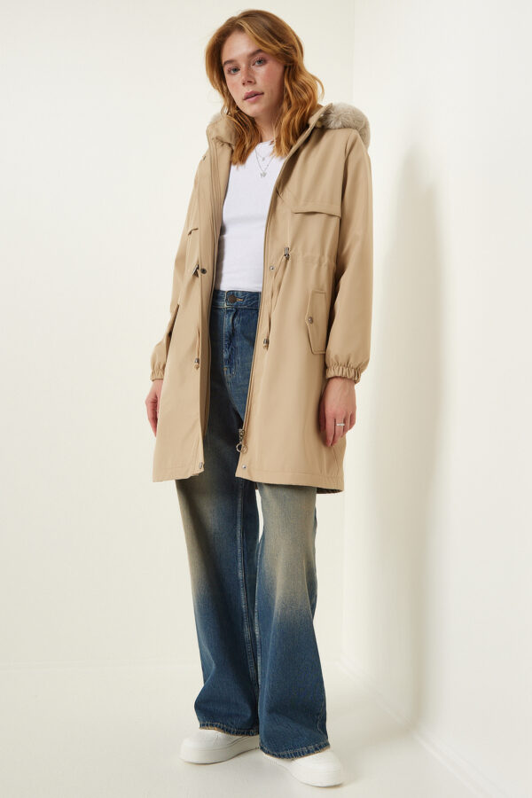 Happiness İstanbul Women's Beige Hooded Für Coat
