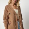 Happiness İstanbul Women's Biscuit Floral Embroidered Textured Knitwear Cardigan