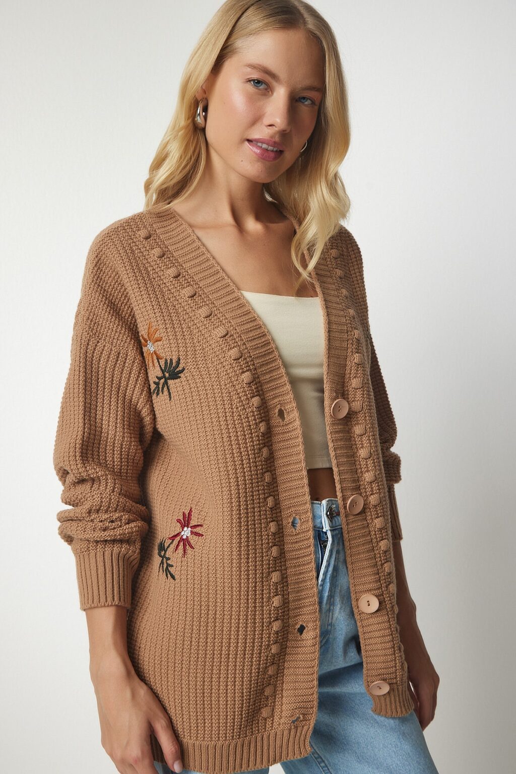 Happiness İstanbul Women's Biscuit Floral Embroidered Textured Knitwear Cardigan