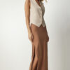 Happiness İstanbul Women's Biscuit Knitted Woven Midi Skirt with a Slit