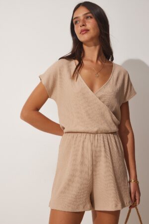 Happiness İstanbul Women's Biscuit Wrapped Collar Short Knitted Overalls with Shorts