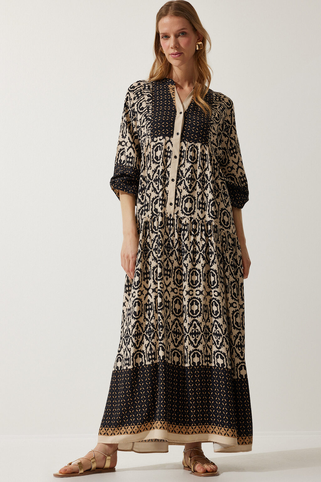 Happiness İstanbul Women's Black Beige Patterned Oversize Summer Viscose Dress