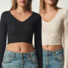 Happiness İstanbul Women's Black Cream V-Neck 2-Pack Crop Knitted Blouse