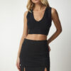 Happiness İstanbul Women's Black Double Slit Mini Knitted Skirt