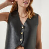 Happiness İstanbul Women's Black Fleece Faux Leather Vest