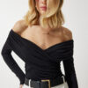 Happiness İstanbul Women's Black Gathered Open Shoulder Sandy Knitted Blouse