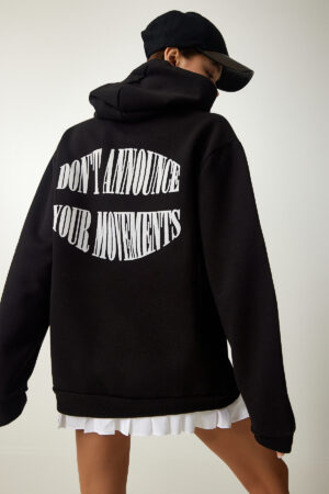 Happiness İstanbul Women's Black Hooded Rack Printed Sweatshirt