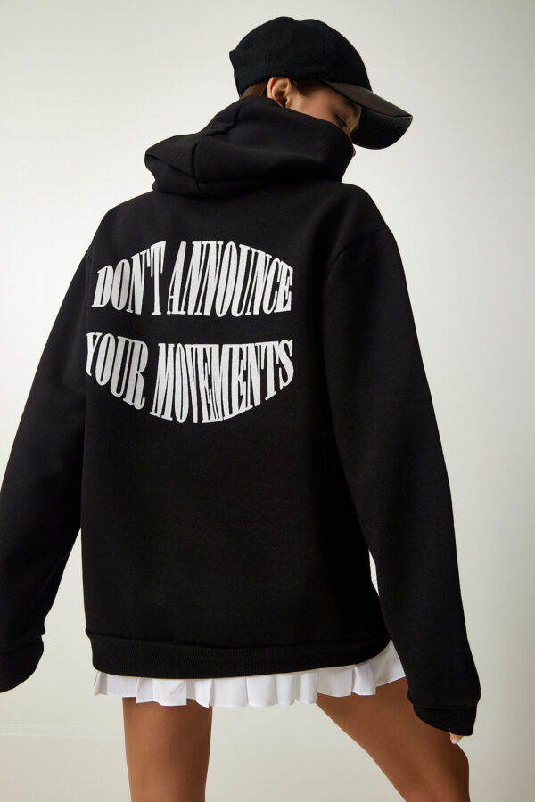Happiness İstanbul Women's Black Hooded Rack Printed Sweatshirt