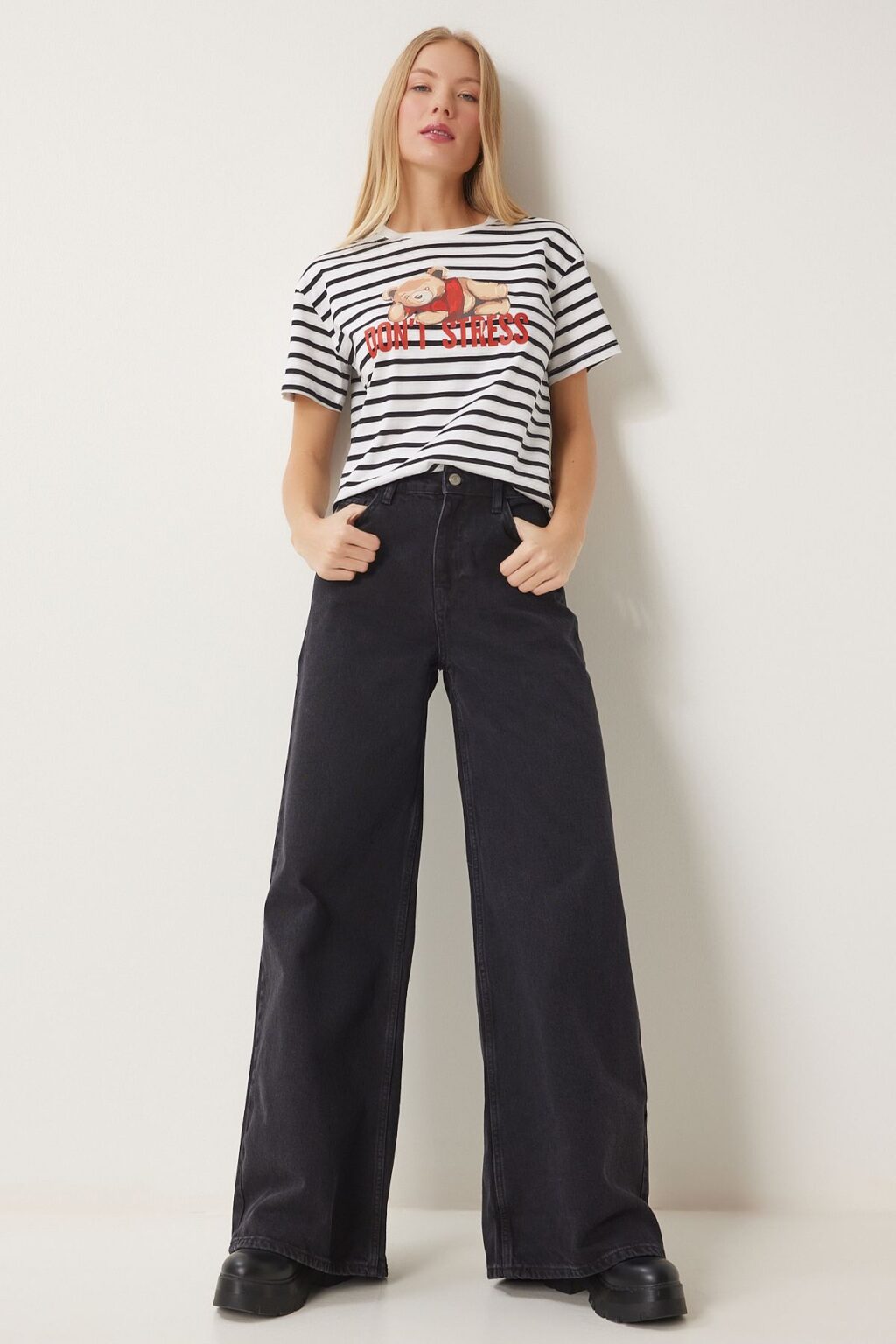 Happiness İstanbul Women's Black Mid Waist Wide Leg Jeans