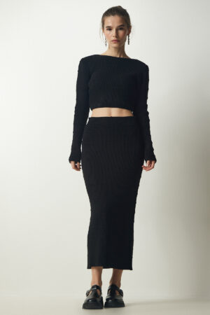 Happiness İstanbul Women's Black Ribbed Crop Knitwear Sweater Skirt Suit
