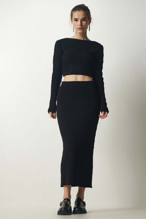 Happiness İstanbul Women's Black Ribbed Crop Knitwear Sweater Skirt Suit