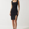 Happiness İstanbul Women's Black Square Collar Saran Steel Knitted Dress