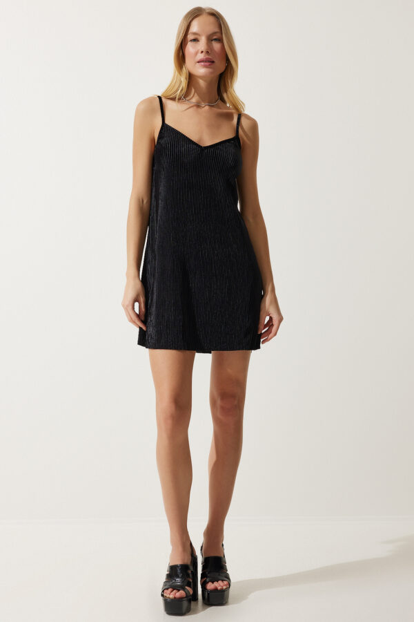 Happiness İstanbul Women's Black Strap Corduroy Mini Dress