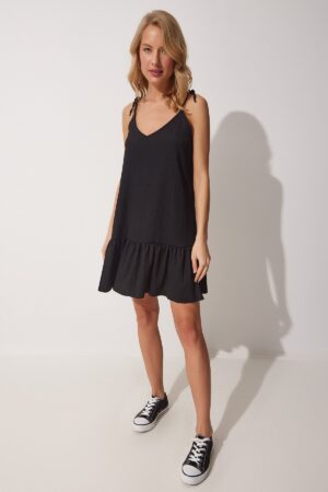 Happiness İstanbul Women's Black Tied Straps Summer Knitted Dress