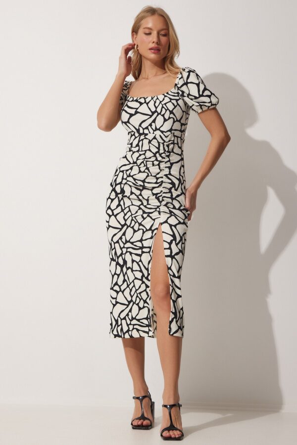 Happiness İstanbul Women's Black and White Gathered Wrap Summer Knitted Dress