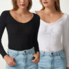 Happiness İstanbul Women's Black and White V Neck 2-Pack Knitted Blouse