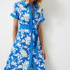 Happiness İstanbul Women's Blue Floral Summer Slim Viscose Dress