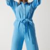 Happiness İstanbul Women's Blue Premium Belted Muslin Jumpsuit