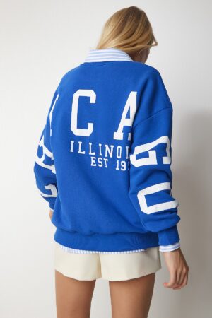 Happiness İstanbul Women's Blue Printed Oversize Sweatshirt Happiness İstanbul Women's Blue Printed Oversize Sweatshirt