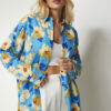 Happiness İstanbul Women's Blue Yellow Patterned Oversized Flowy Viscose Shirt