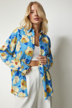Happiness İstanbul Women's Blue Yellow Patterned Oversized Flowy Viscose Shirt