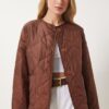 Happiness İstanbul Women's Brown Large Pocket Quilted Jacket