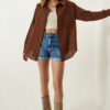 Happiness İstanbul Women's Brown Oversize Linen Ayrobin Shirt