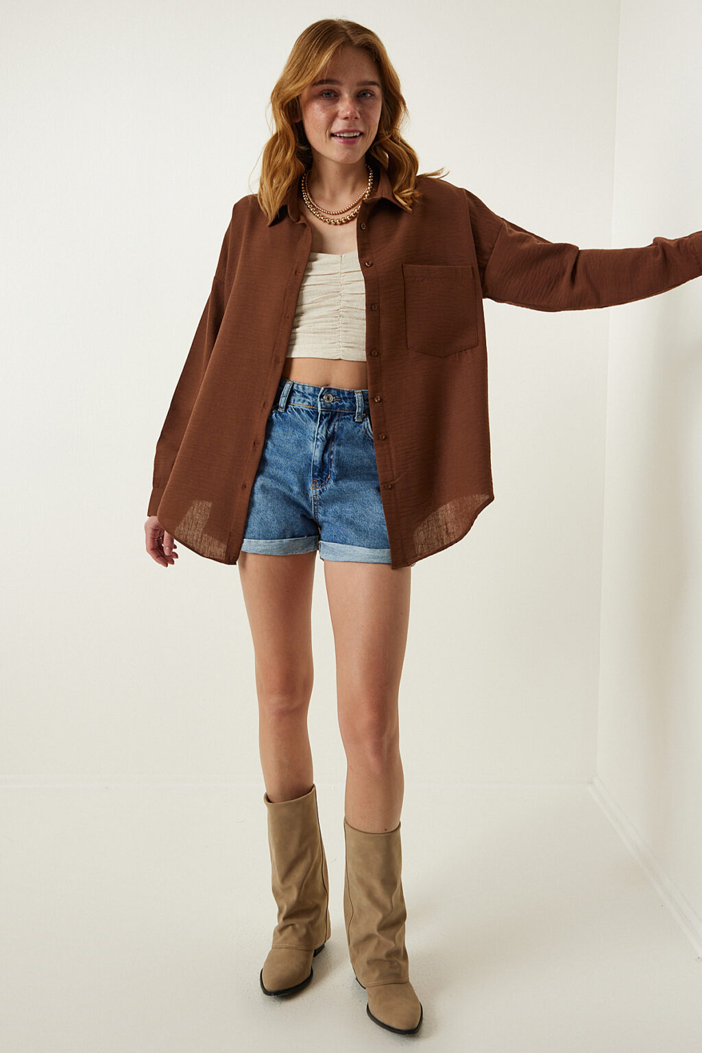 Happiness İstanbul Women's Brown Oversize Linen Ayrobin Shirt