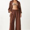 Happiness İstanbul Women's Brown Wide Pocket Linen Blend Shirt and Trousers Set
