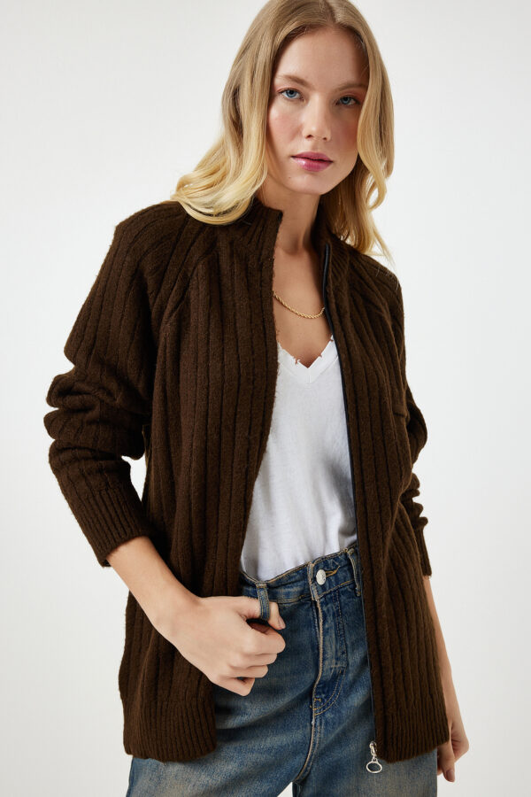 Happiness İstanbul Women's Brown Zippered Knitwear Cardigan