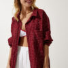 Happiness İstanbul Women's Burgundy Striped Pocket Viscose Shirt